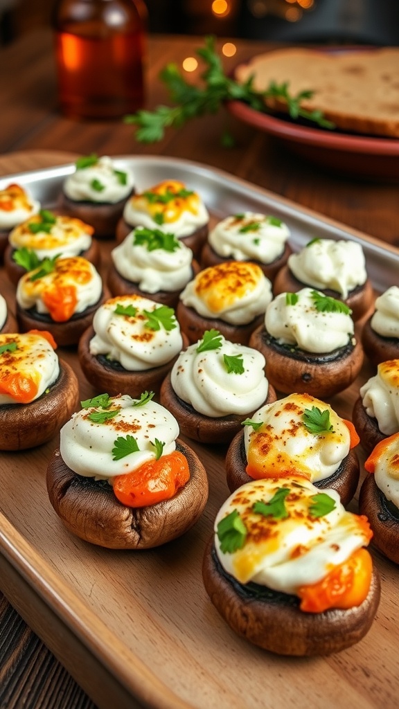 A close-up of stuffed mushrooms filled with cream cheese and herbs on a rustic platter.